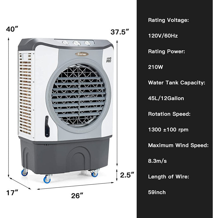 Aero | 4-in-1 Industrial Air Cooler – Heavy-Duty Evaporative Fan with 12-Gallon Tank & Rollers — High-Capacity Cooling | Ideal for Garages & Shops