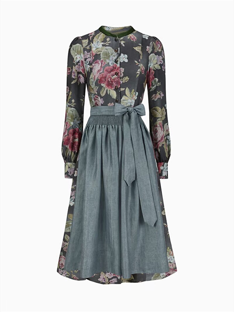 Black Vintage Dirndl Dress with Floral Pattern – Oktoberfest | With Apron for a Classic Traditional Style