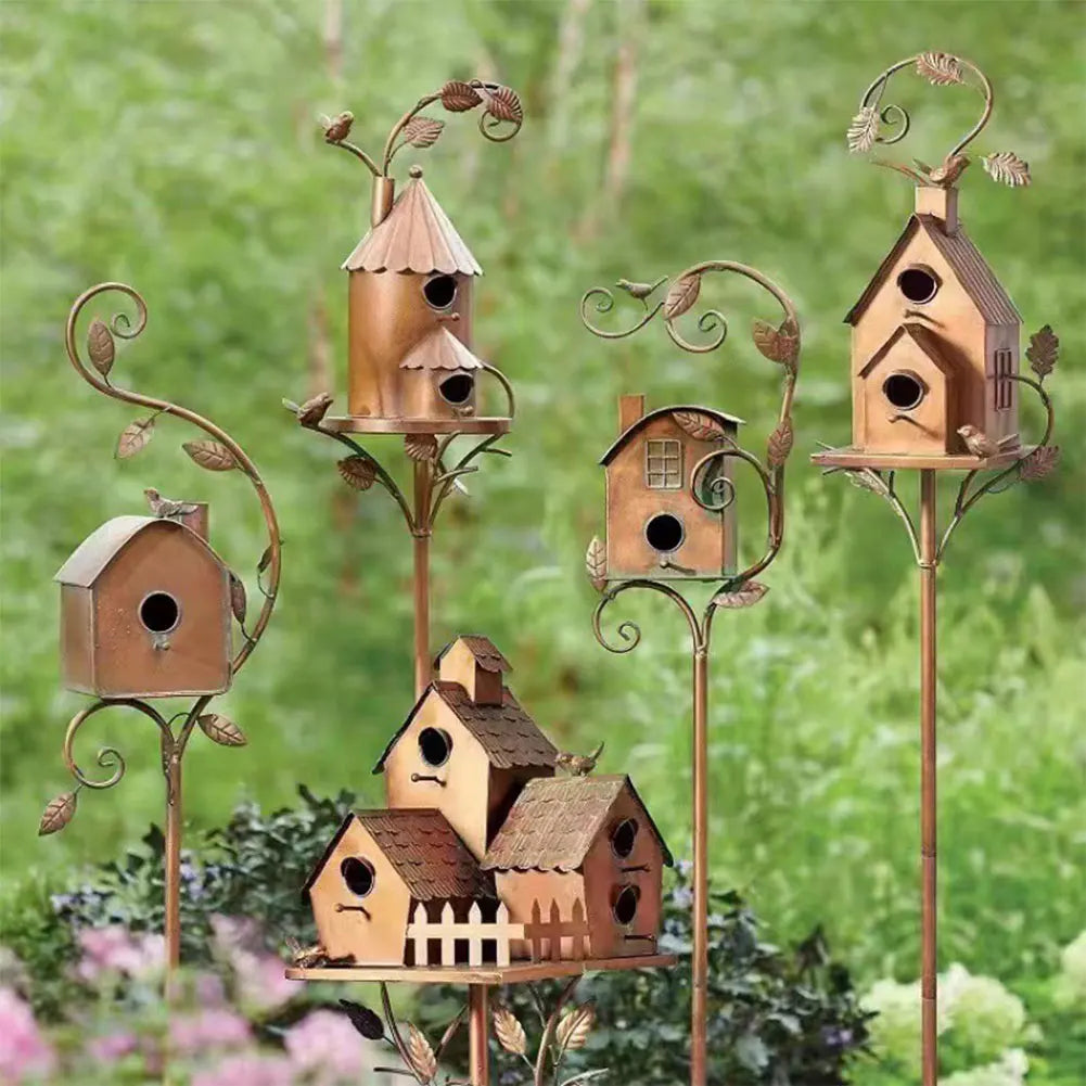 Decorative Metal Birdhouse with Pole for Garden Decoration | Durable and Weather-Resistant Bird House for Outdoor Spaces