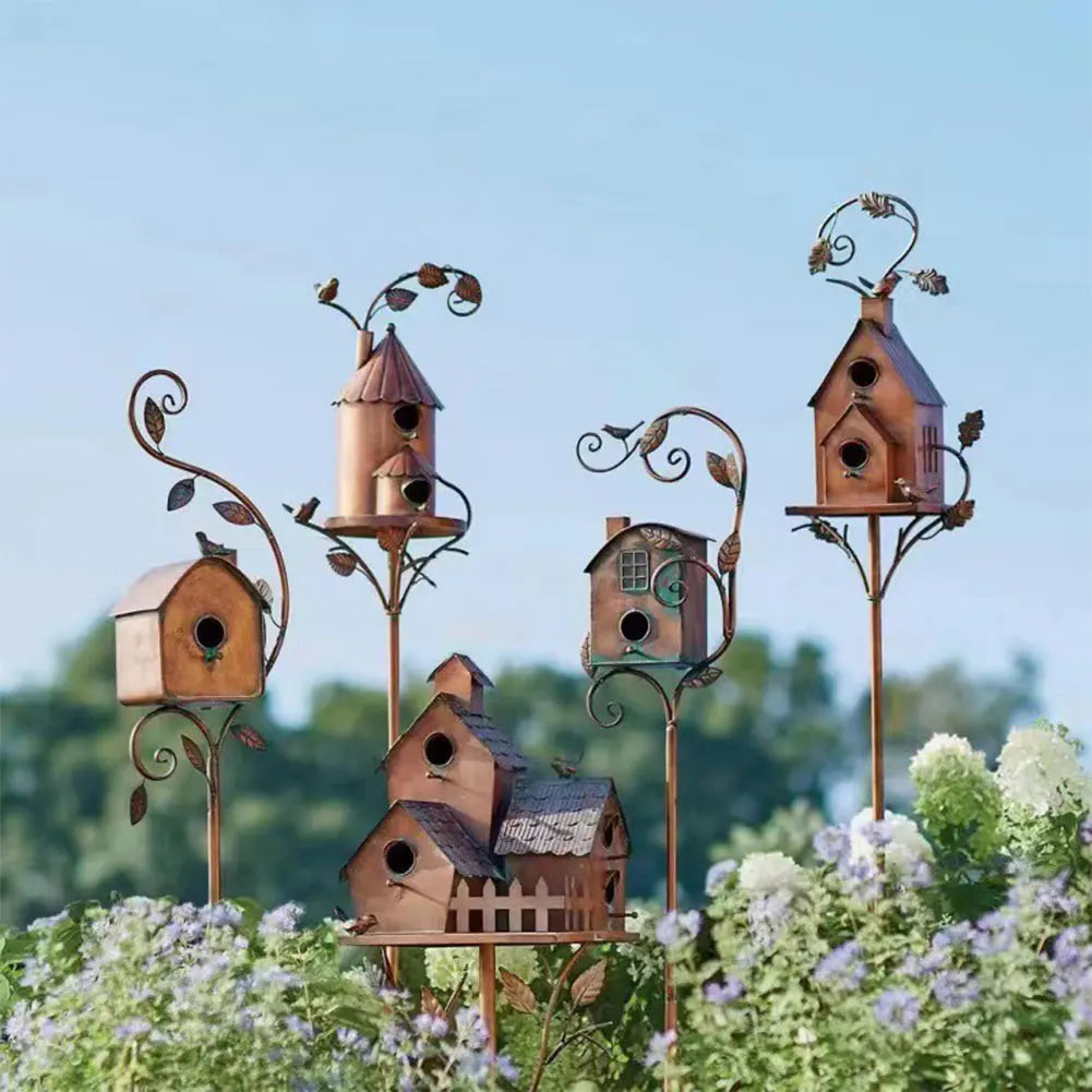 Decorative Metal Birdhouse with Pole for Garden Decoration | Durable and Weather-Resistant Bird House for Outdoor Spaces