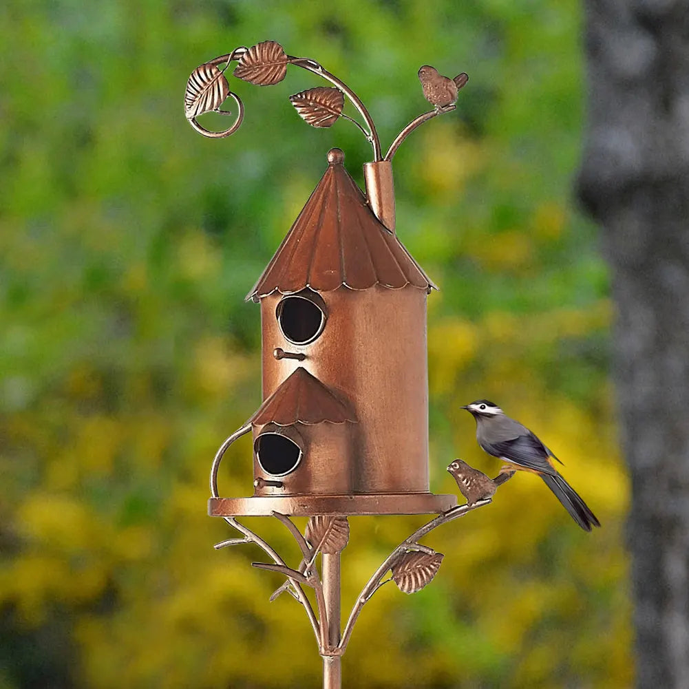 Decorative Metal Birdhouse with Pole for Garden Decoration | Durable and Weather-Resistant Bird House for Outdoor Spaces