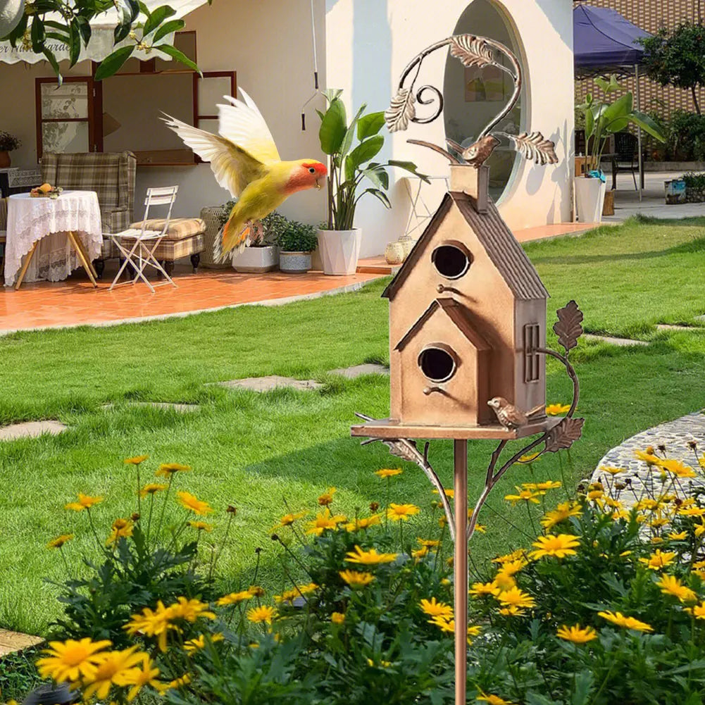 Decorative Metal Birdhouse with Pole for Garden Decoration | Durable and Weather-Resistant Bird House for Outdoor Spaces