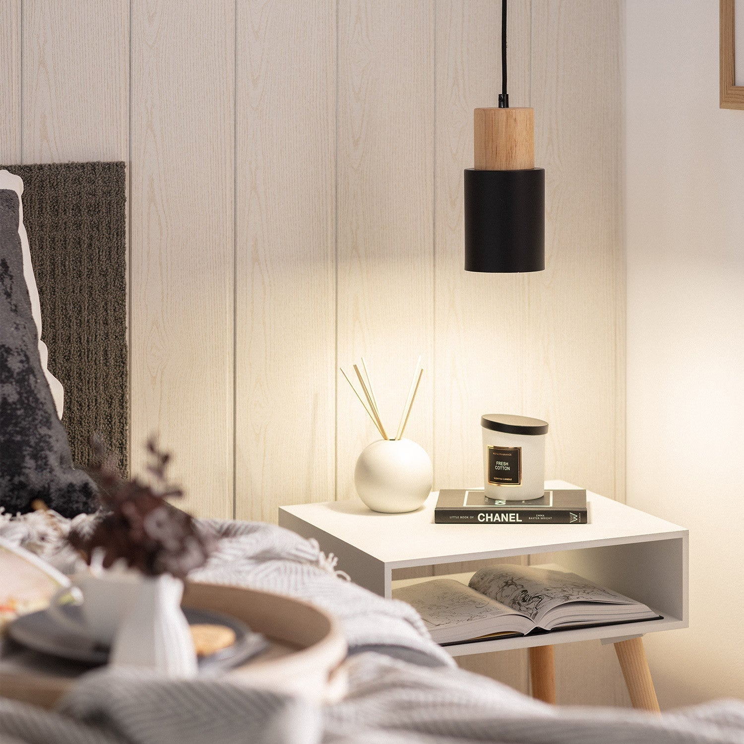 Novora | Minimalist Pendant Light Modern Wood Black Cylinder Fixture