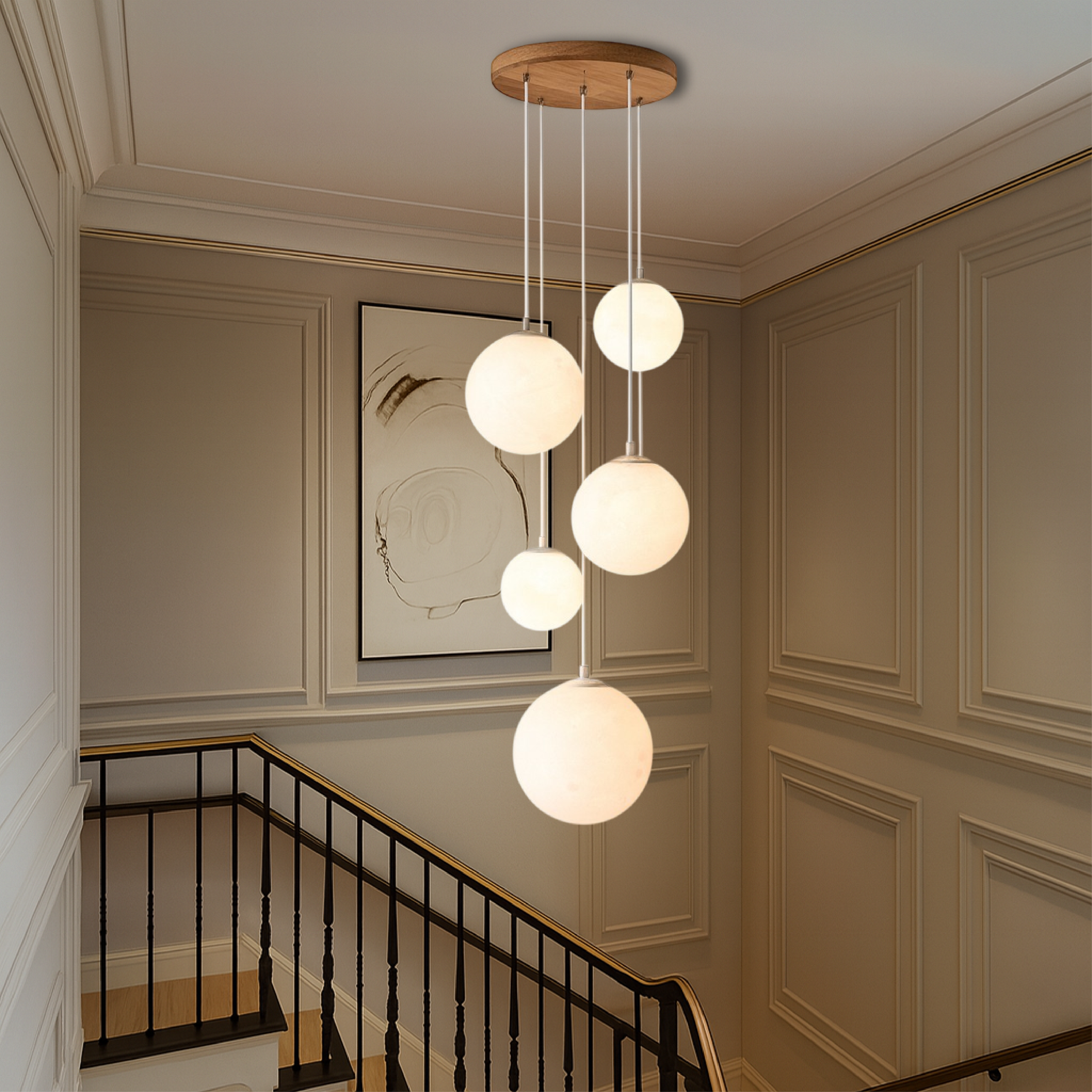 LumiGlow | Scandinavian Chandelier Moon Lamp Stairs