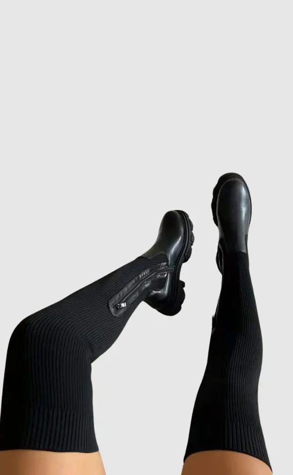 Stretch Knit Knee High Boots for Women | Comfortable Black Long Boots with Sleek Design