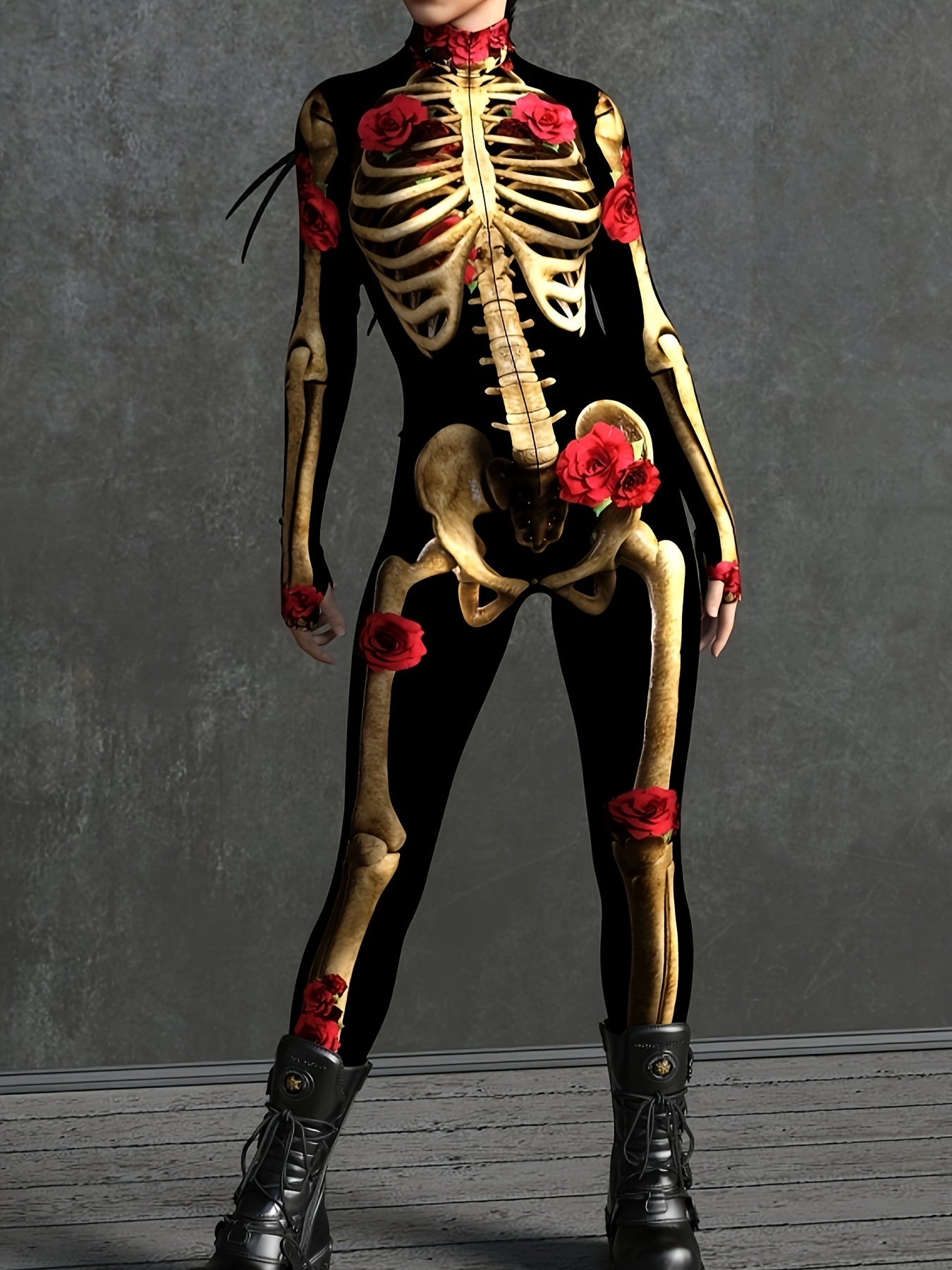 Women’s Skeleton Halloween Jumpsuit | Long Sleeve Stretchy Print Costume