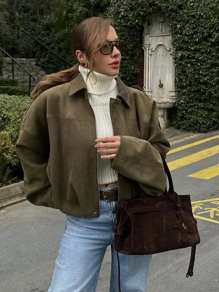 Kai | Women's Suede Bomber Jacket in Brown and Green – Casual Vintage Motorcycle Coat with Zipper Closure
