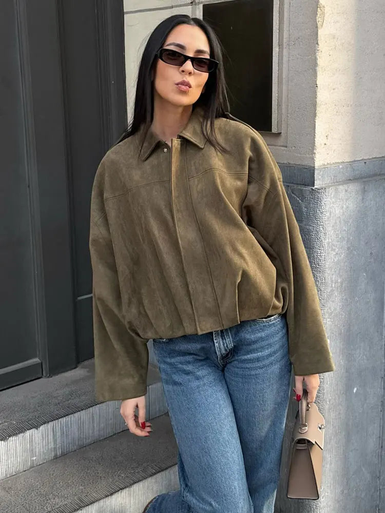 Kai | Women's Suede Bomber Jacket in Brown and Green – Casual Vintage Motorcycle Coat with Zipper Closure