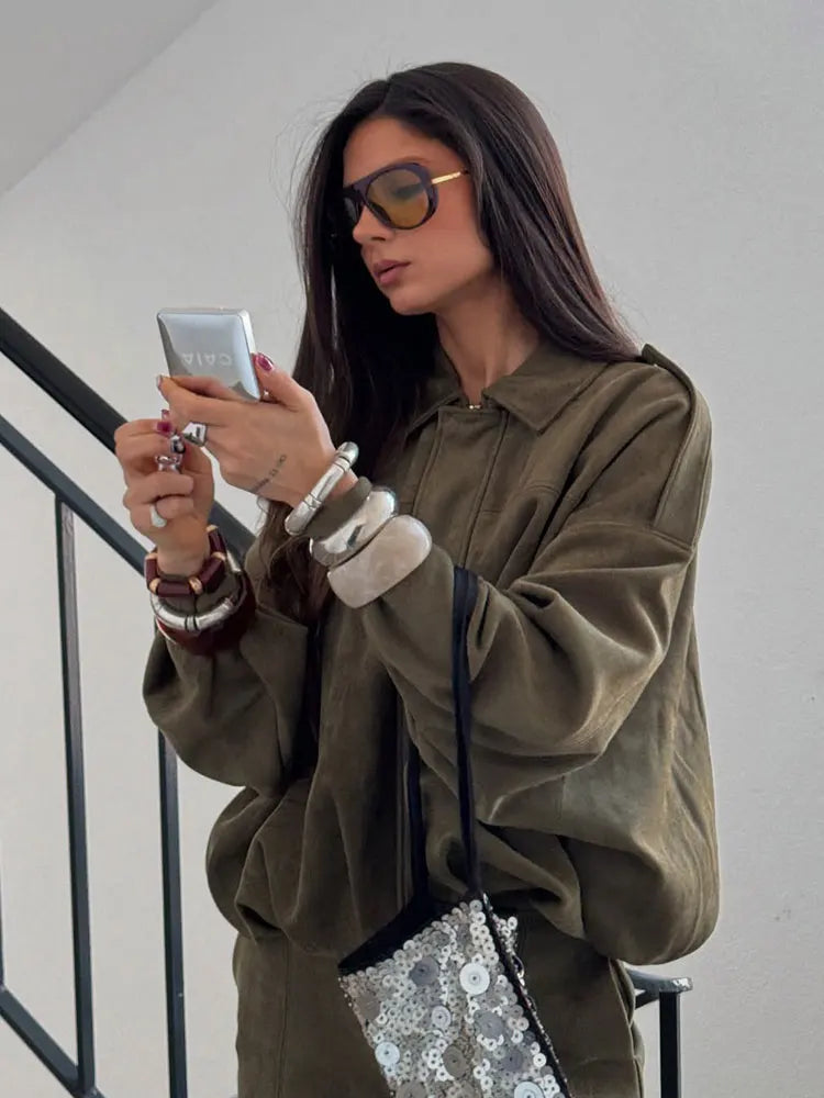 Kai | Women's Suede Bomber Jacket in Brown and Green – Casual Vintage Motorcycle Coat with Zipper Closure