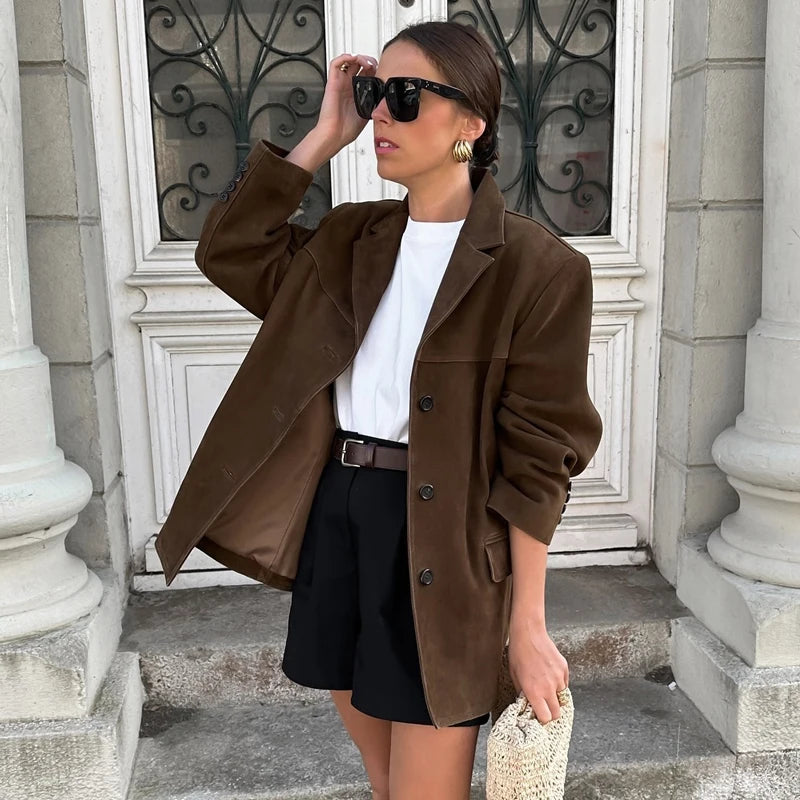 Elie | Women's Vintage Brown Suede Leather Jacket — Demi-Season Autumn Winter Outerwear