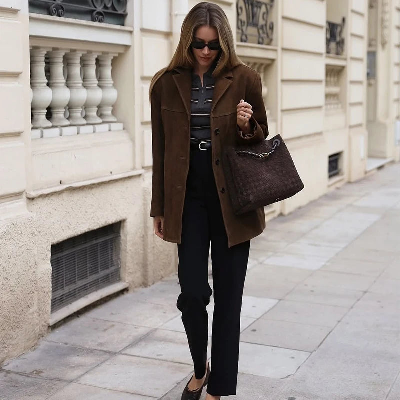 Elie | Women's Vintage Brown Suede Leather Jacket — Demi-Season Autumn Winter Outerwear