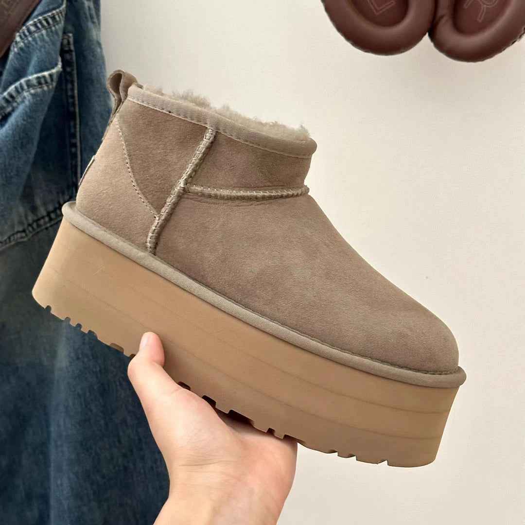 Beige Ultra Mini Boots for Women | Cozy Platform Winter Ankle Booties with Fur Lining