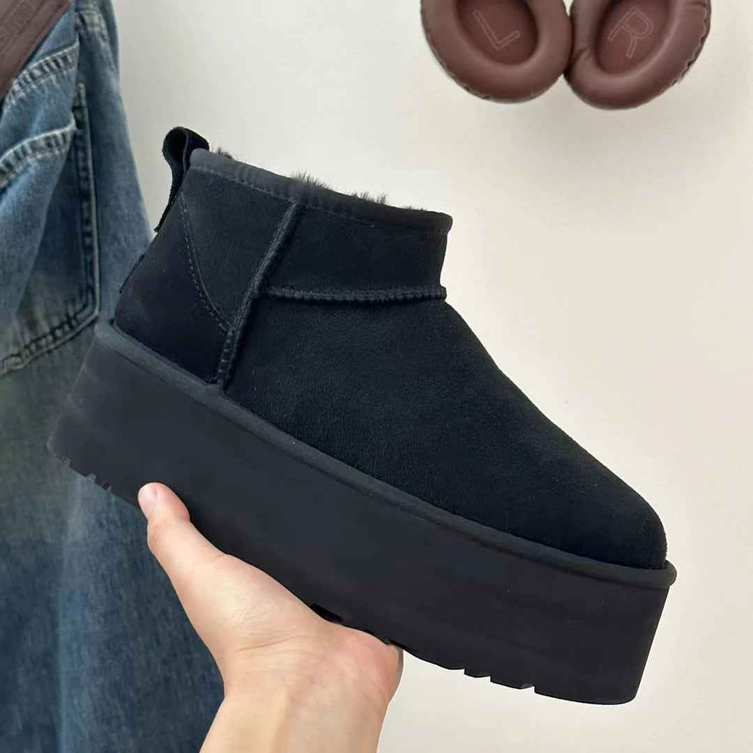 Black Ultra Mini Boots for Women | Cozy Platform Winter Ankle Booties with Fur Lining