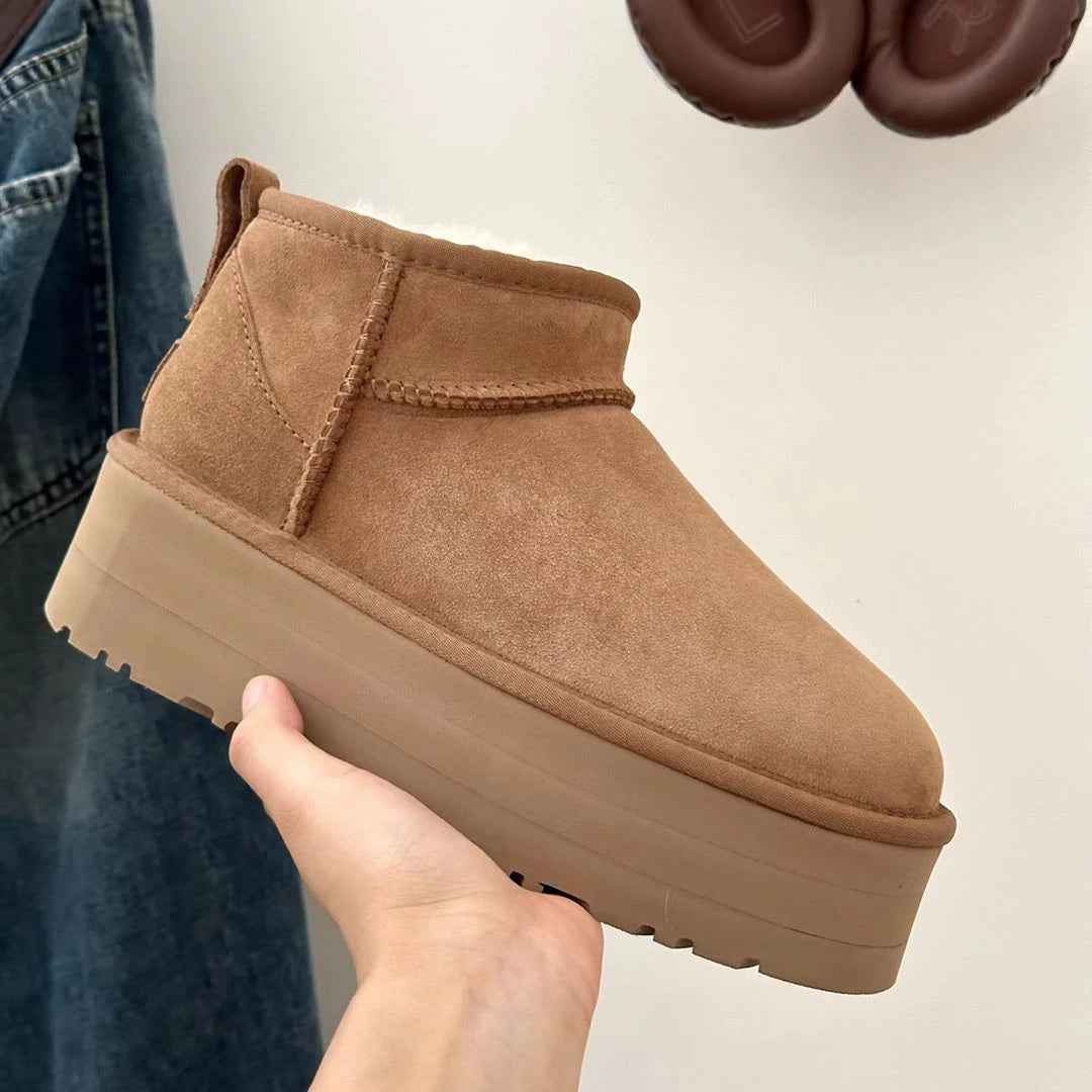 Brown Ultra Mini Boots for Women | Cozy Platform Winter Ankle Booties with Fur Lining