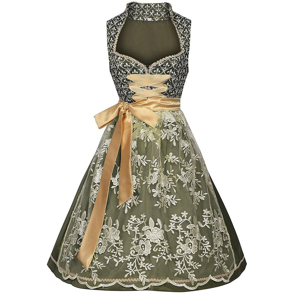 Embroidered Dirndl Dress in Green – Oktoberfest | Elegant Traditional Dress with Apron
