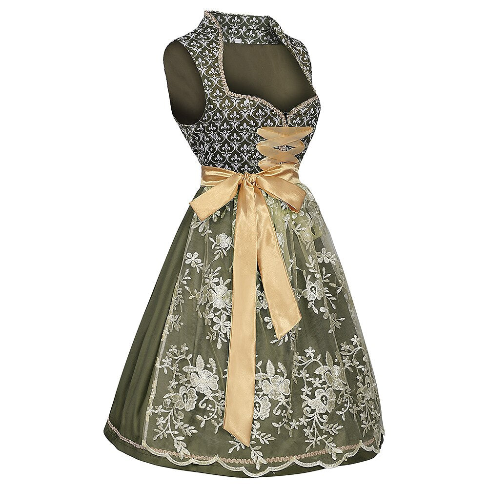 Embroidered Dirndl Dress in Green – Oktoberfest | Elegant Traditional Dress with Apron