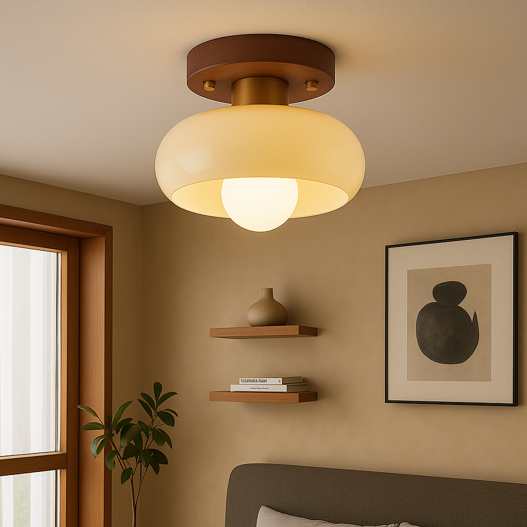 Lystra | Elegant Cream Ceiling Lamp with Wooden Accents