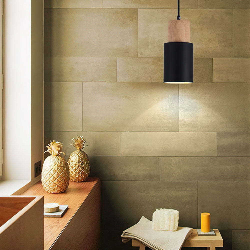 Novora | Minimalist Pendant Light Modern Wood Black Cylinder Fixture