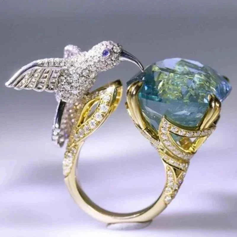 Adjustable Aquamarine-Color Hummingbird Ring – 14K Gold Plated