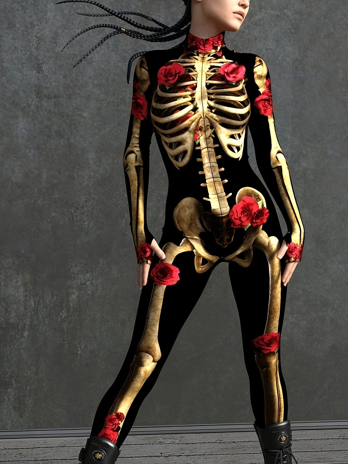 Women’s Skeleton Halloween Jumpsuit | Long Sleeve Stretchy Print Costume