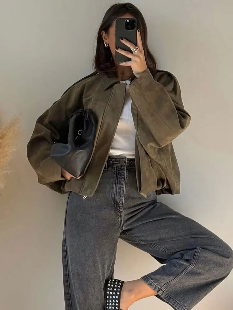 Kai | Women's Suede Bomber Jacket in Brown and Green – Casual Vintage Motorcycle Coat with Zipper Closure